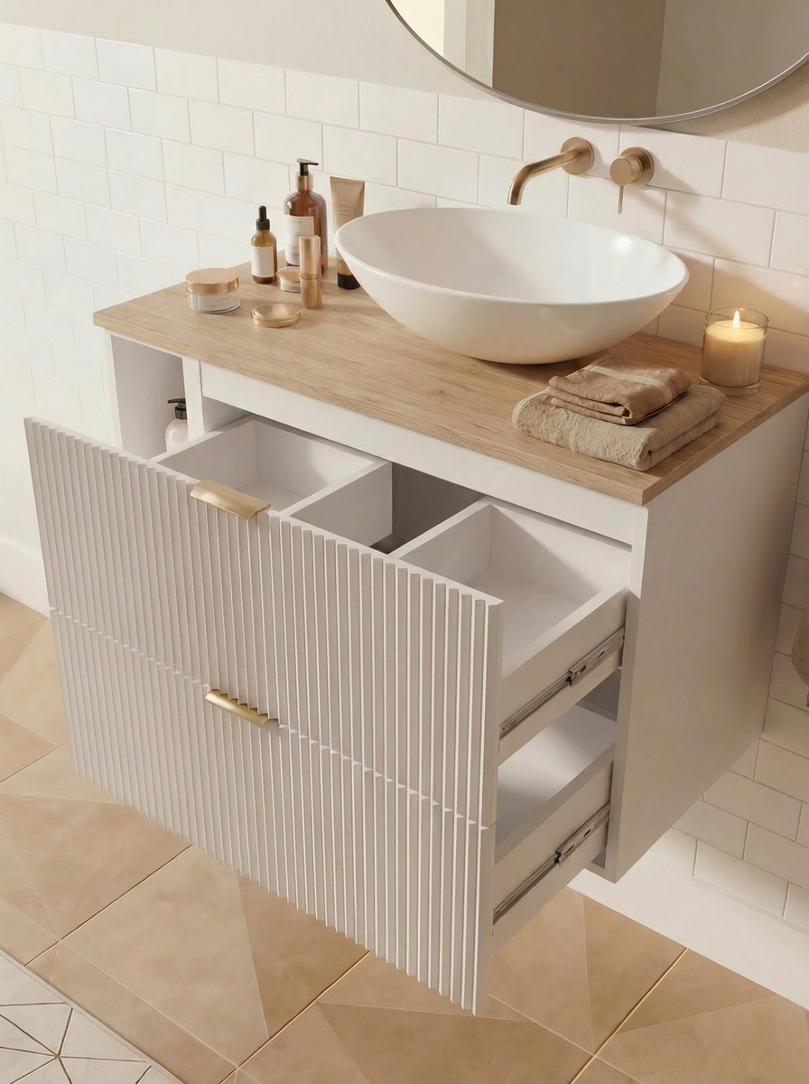 Waschtischunterschrank mit Regal 100 cm mit Regal Willy - Weiß, Walnussplatte