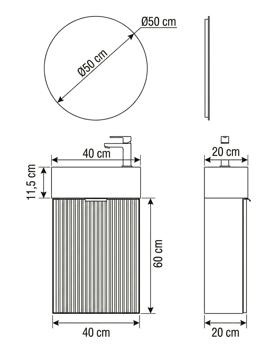 Badmöbel-Set: 40 cm Schrank mit Waschbecken und LED-Spiegel HZJ 050 Willy - Kaschmir