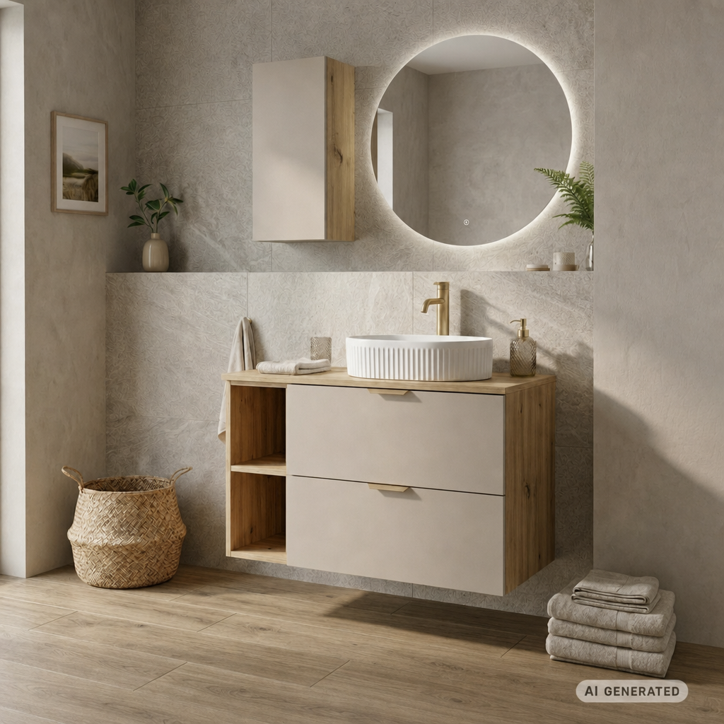 Hängender Badezimmerschrank, 30 cm, 1 Tür mit Einlegeboden Orio - Kaschmir/Eiche artisan
