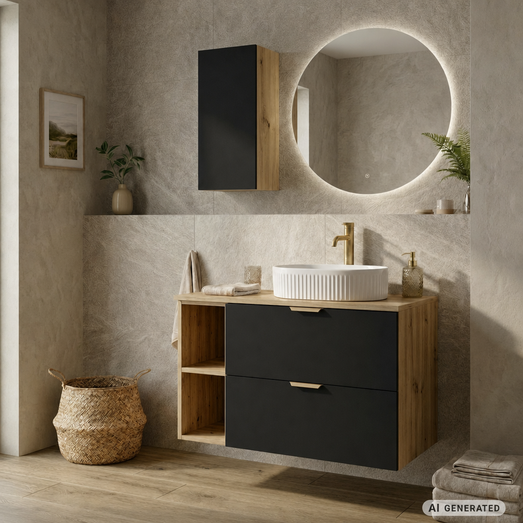 Hängender Badezimmerschrank, 30 cm, 1 Tür mit Einlegeboden Orio - Schwarz/Eiche artisan