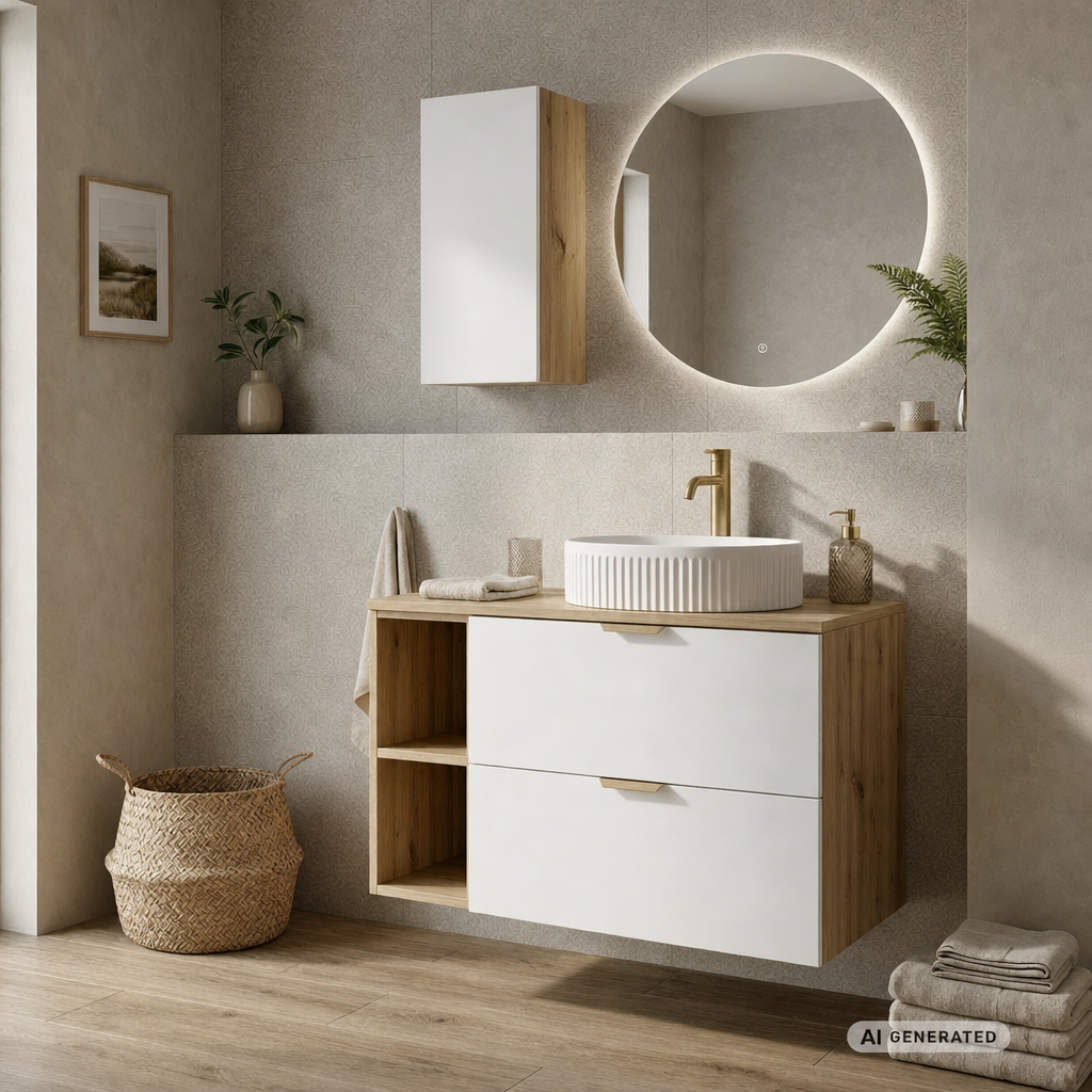 Hängender Badezimmerschrank, 30 cm, 1 Tür mit Einlegeboden Orio - Weiß/Eiche artisan