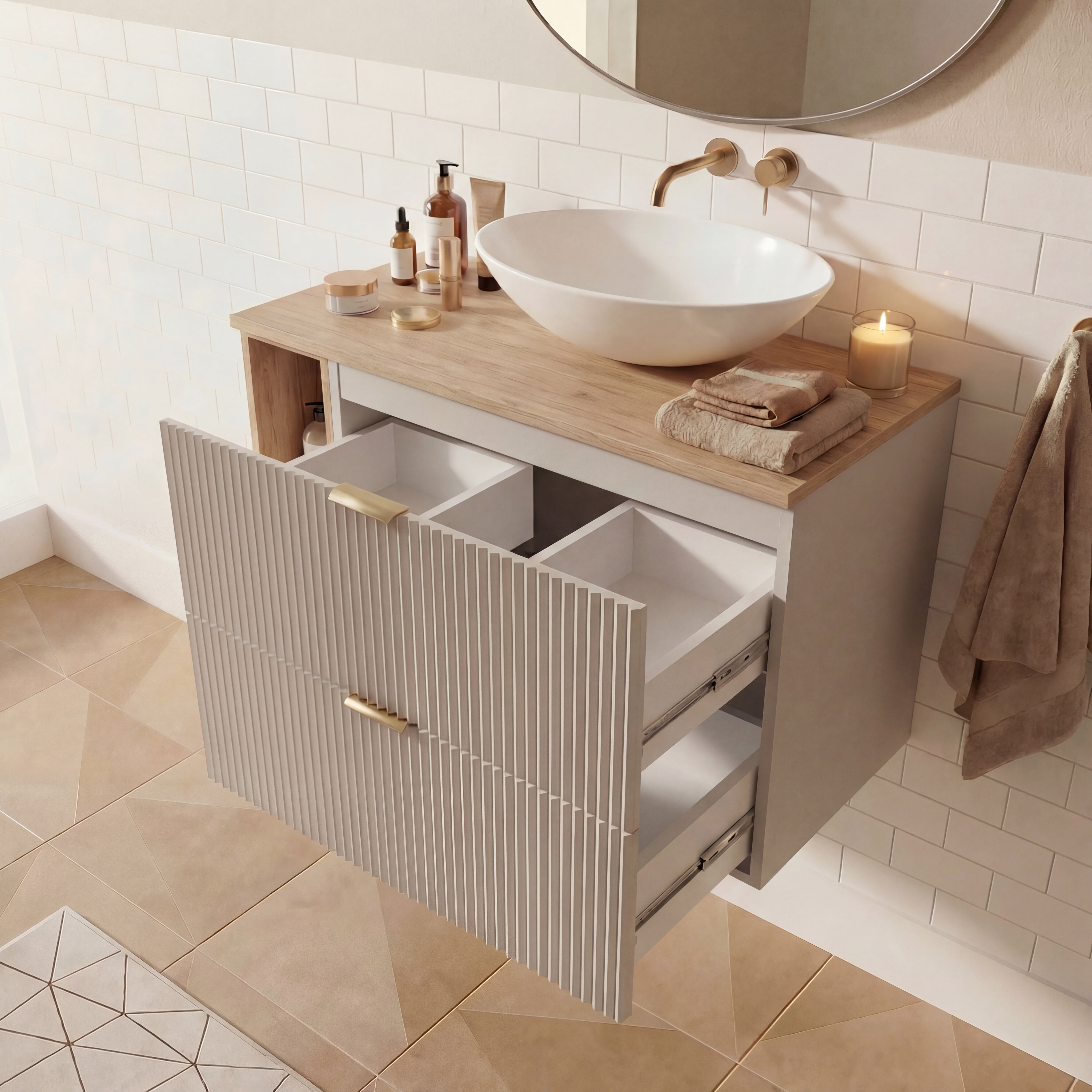 Waschtischunterschrank 80 cm mit Regal Willy - Kaschmir/Walnuss