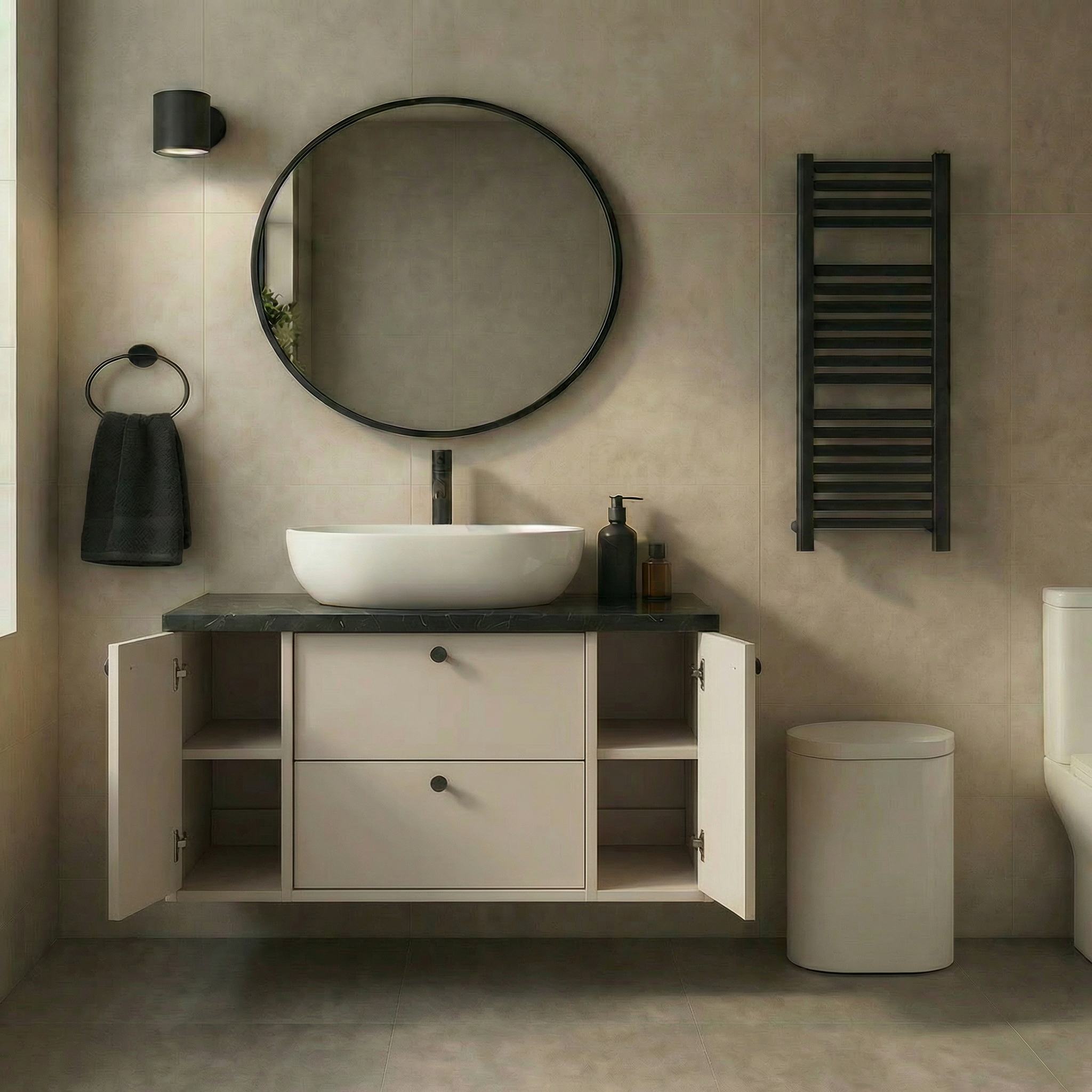 Waschtischunterschrank 100 cm mit 2 Regal, glatte Fronten Belino - Kaschmir/Marmor Schwarz