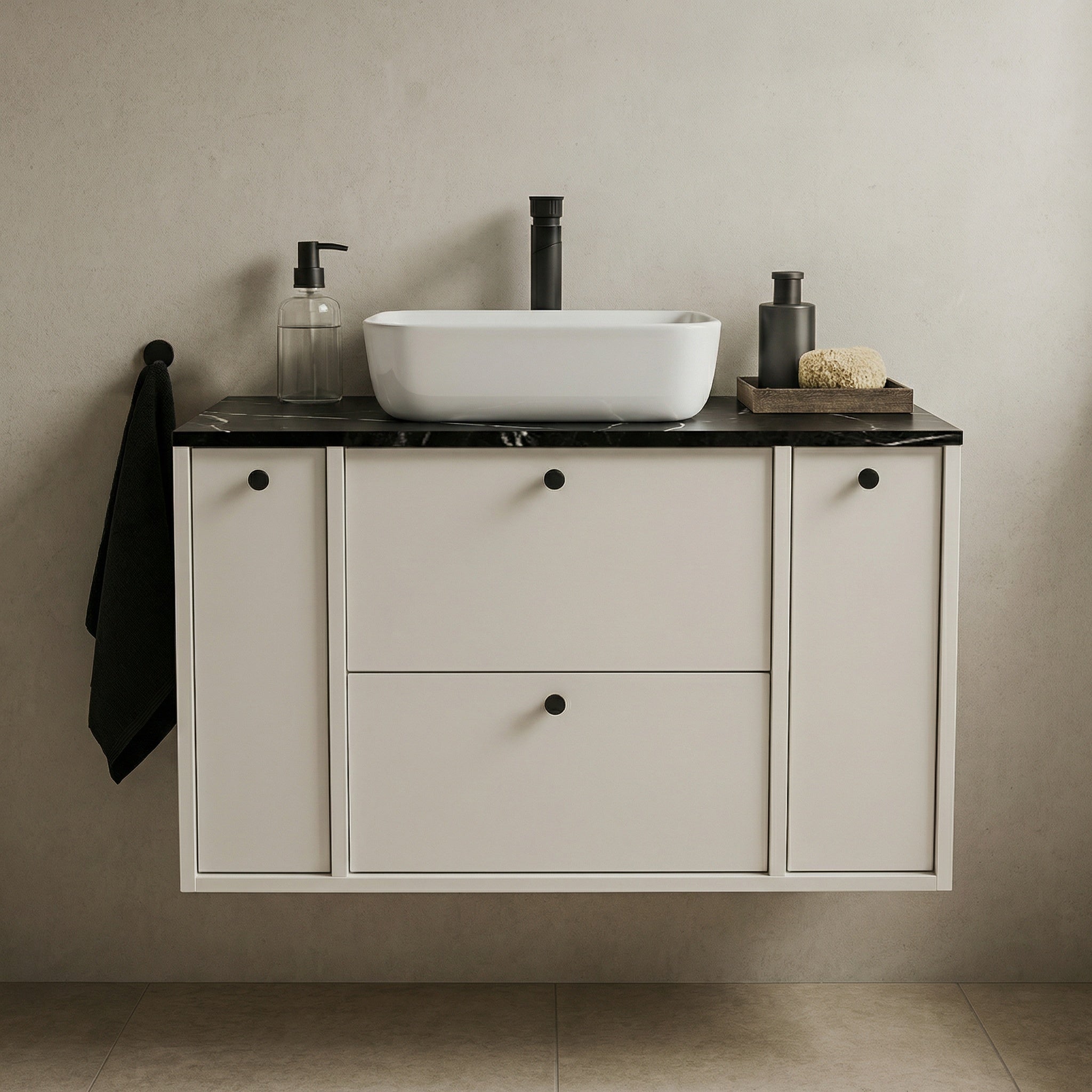 Waschtischunterschrank 100 cm mit 2 Regal, glatte Fronten Belino - Kaschmir/Marmor Schwarz