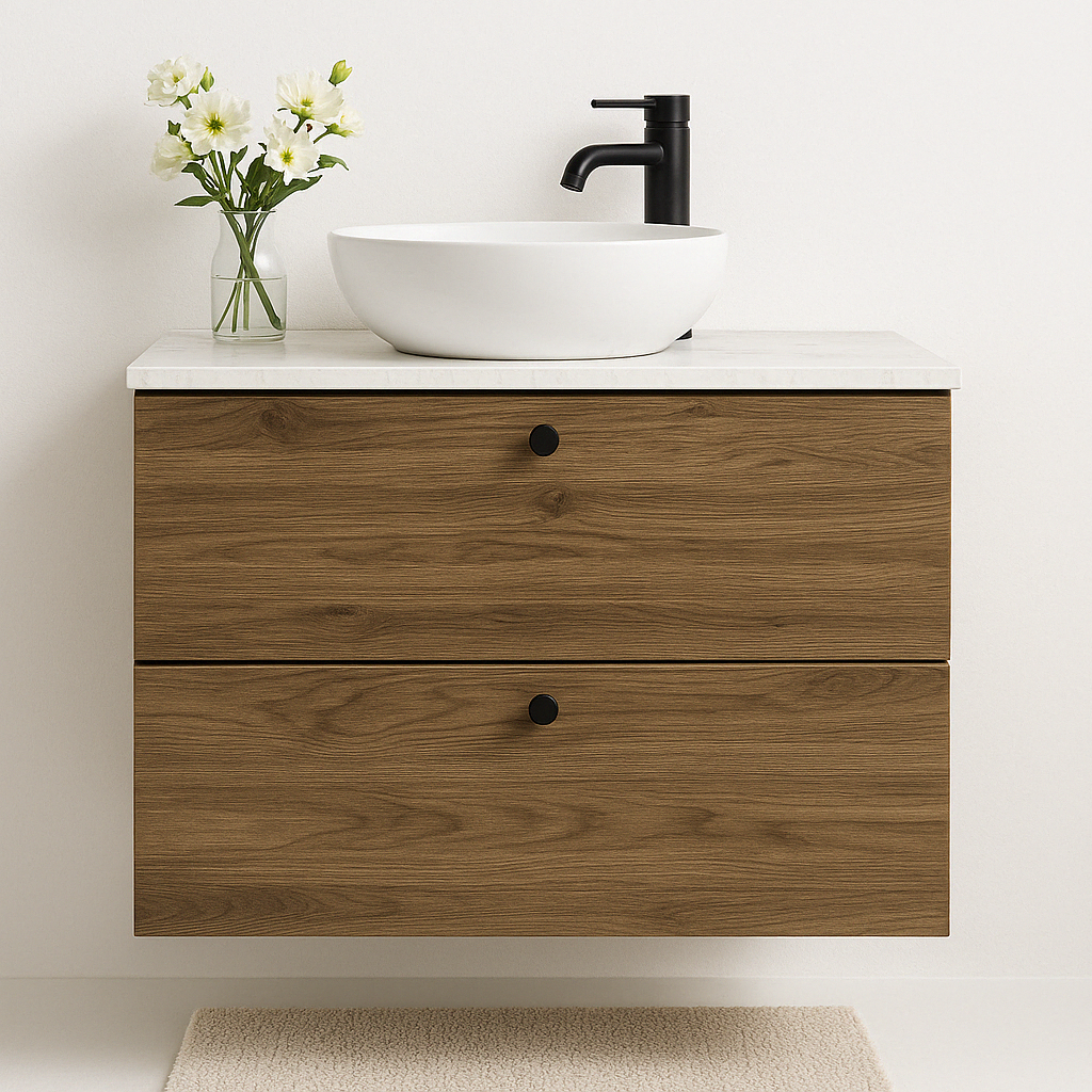 Waschtischunterschrank 60 cm, glatte Fronten Beti - Walnuss Dunkel/Marmur Bianco
