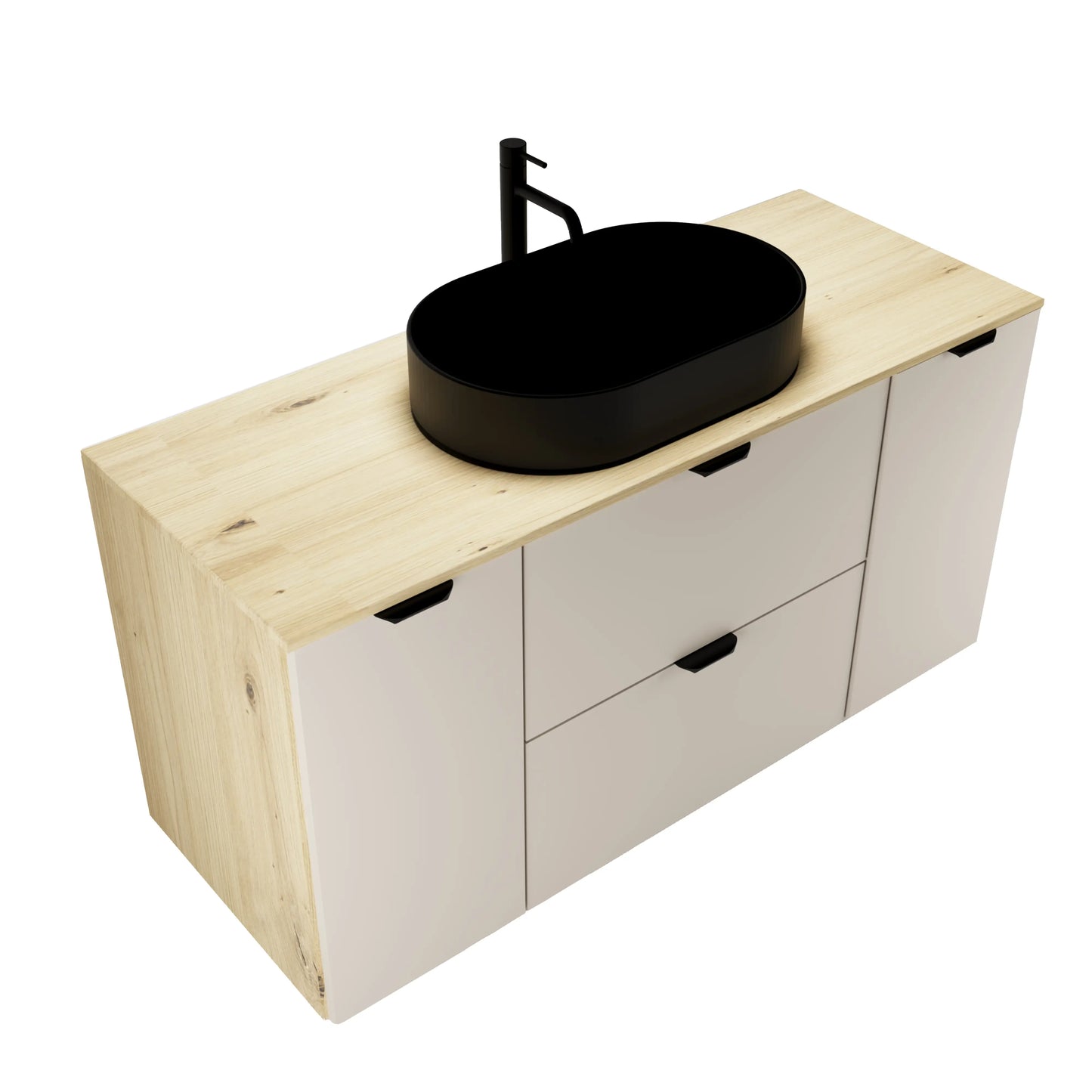 Badmöbel-Set: 120 cm Schrank mit 2 Schubladen, 2 Türen Orio - Kaschmir/Eiche artisan