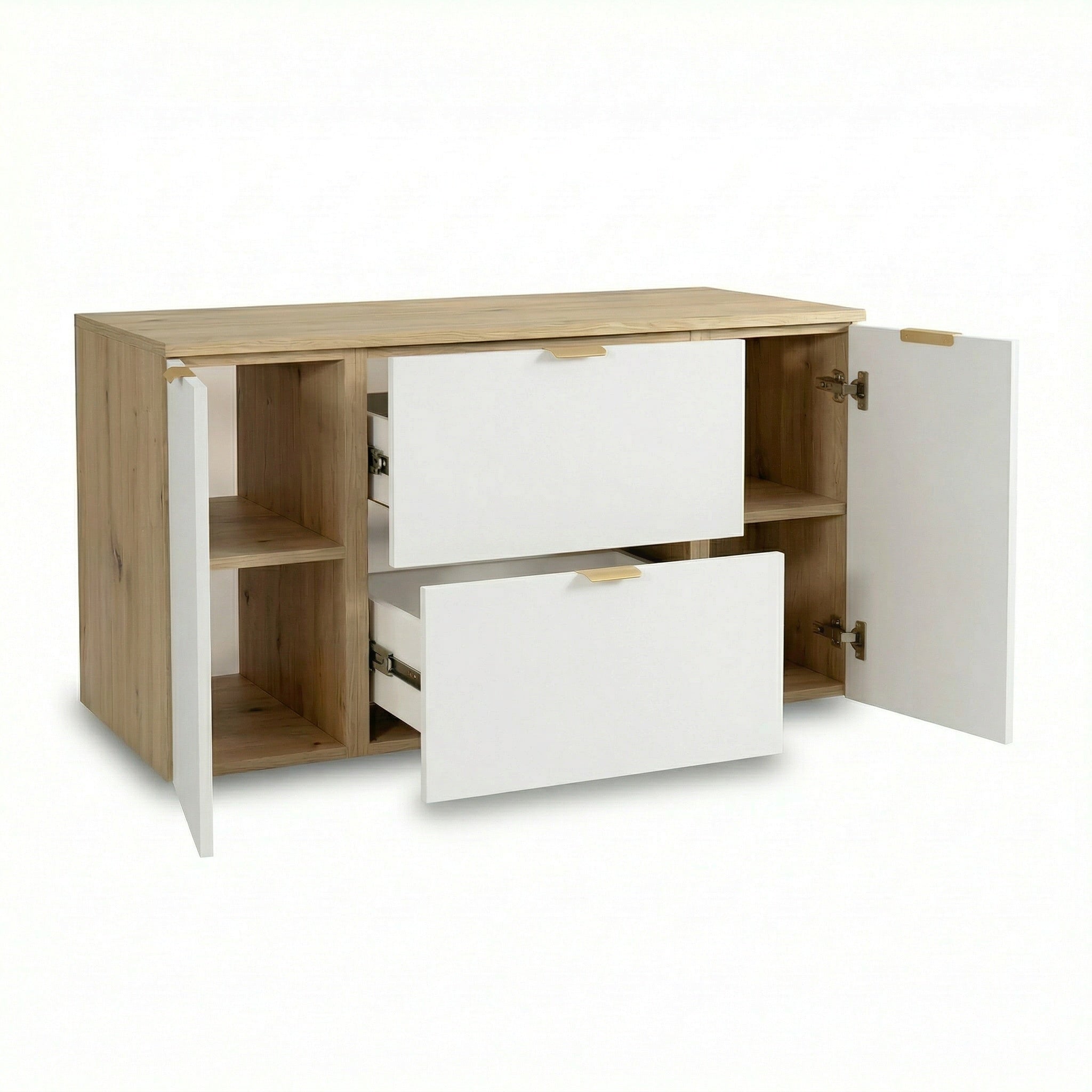 Waschtischunterschrank mit 2 Türen und 2 Schubladen 120 cm Orio - Weiß/Eiche Artisan