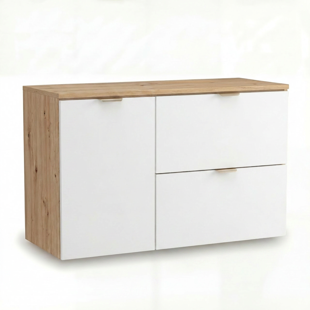 Waschtischunterschrank 100 cm mit Wäschekorb Orio - Weiß/Eiche artisan
