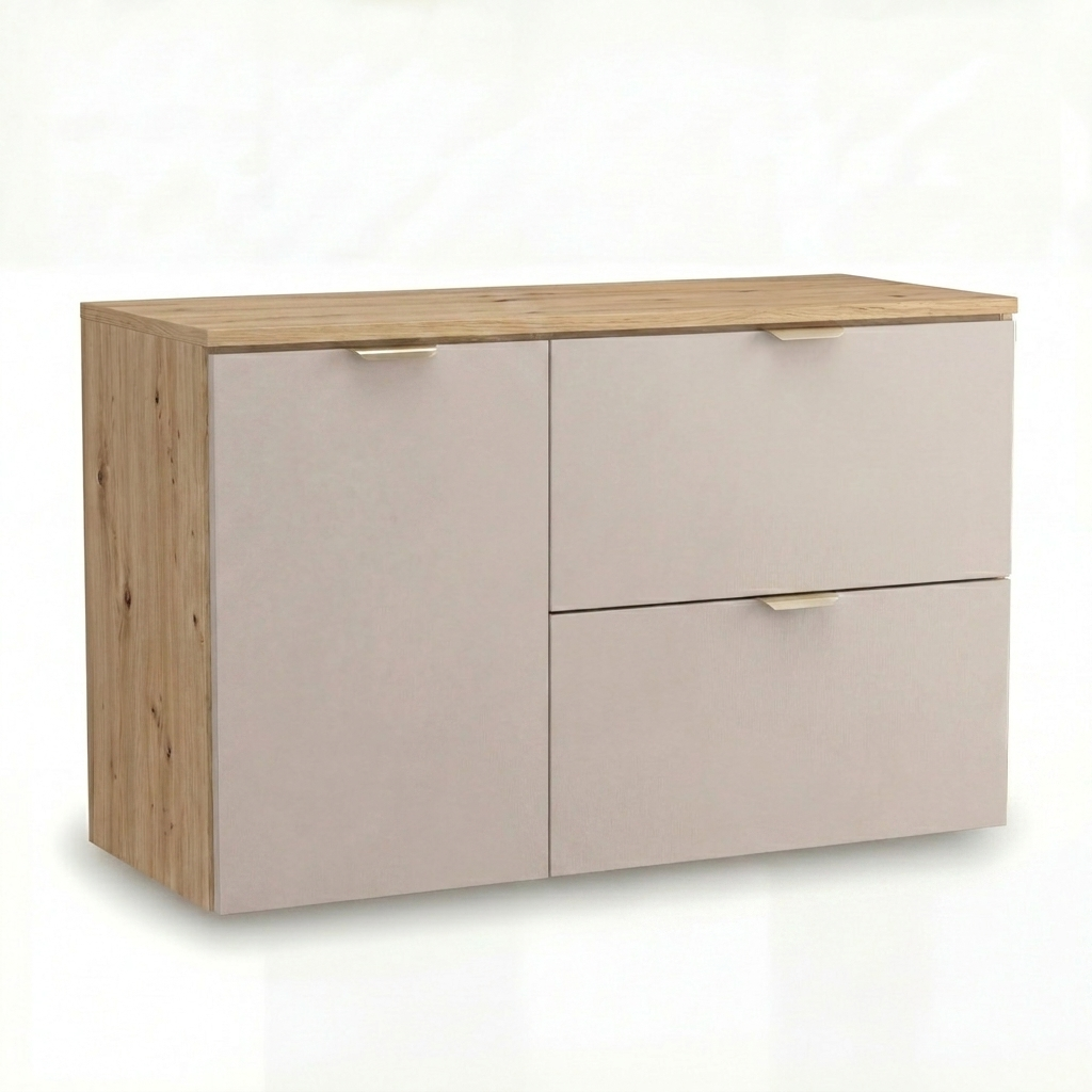 Waschtischunterschrank 100 cm mit Wäschekorb Orio - Kaschmir/Eiche artisan