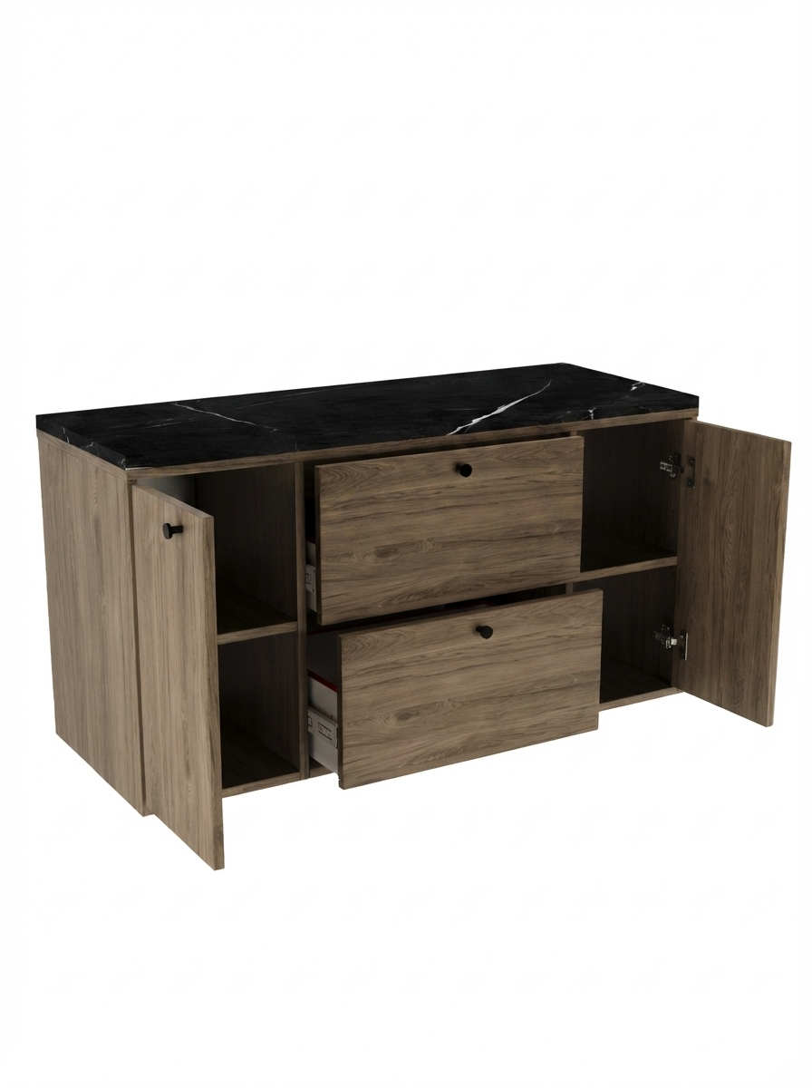 Waschtischunterschrank 120 cm mit 2 Türen und 2 Schubladen Belino - Walnuss Dunkel/Marmor Schwarz