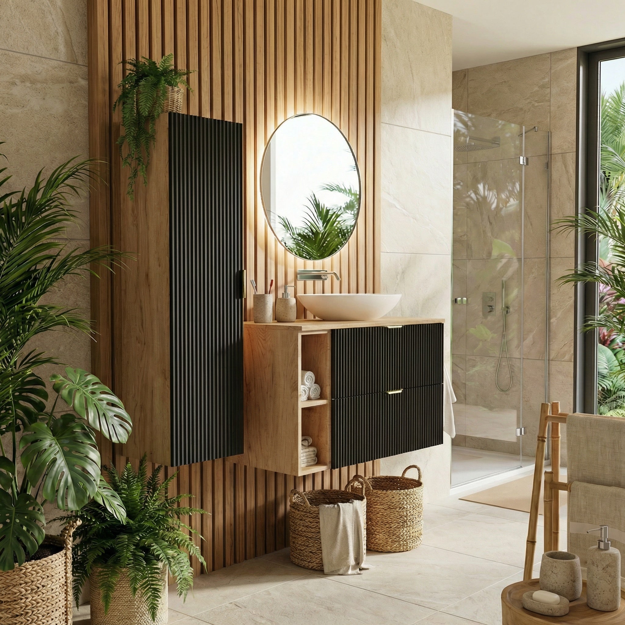 Waschtischunterschrank mit Regal 100 cm Willy - Schwarz, Regal und Walnussplatte