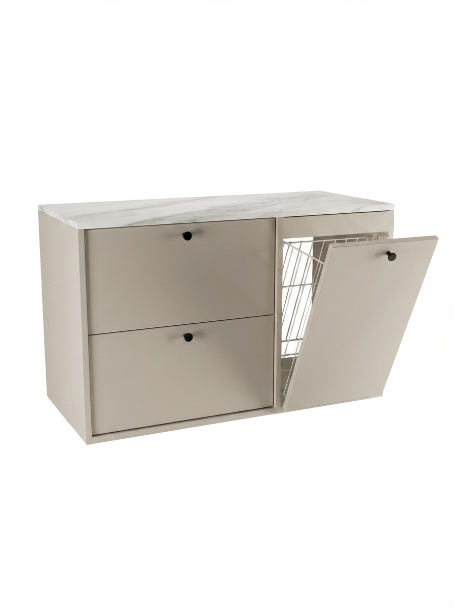 Waschtischunterschrank 100 cm mit Wäschekorb Belino - Kaschmir/Marmor Bianco