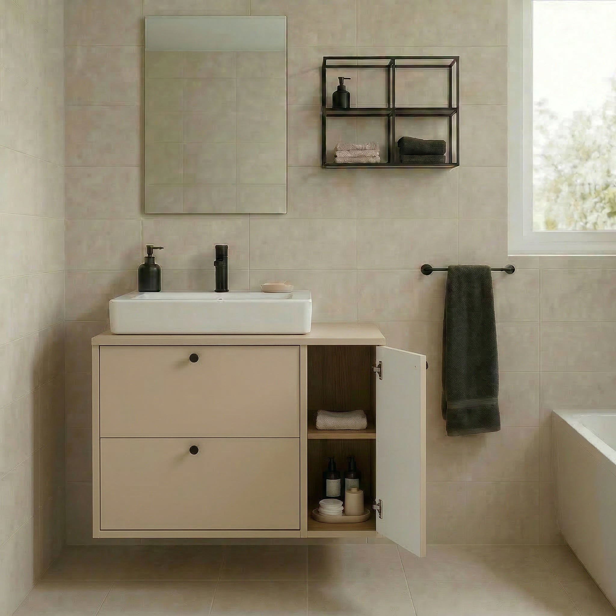 Waschtischunterschrank 80 cm mit Regal, glatte Fronten Belino - Kaschmir