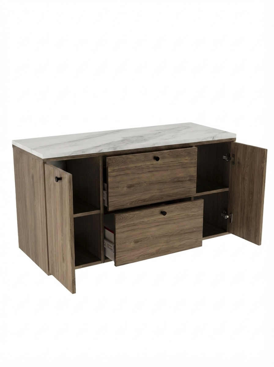 Waschtischunterschrank 120 cm mit 2 Türen und 2 Schubladen Belino - Walnuss Dunkel/Marmor Bianco