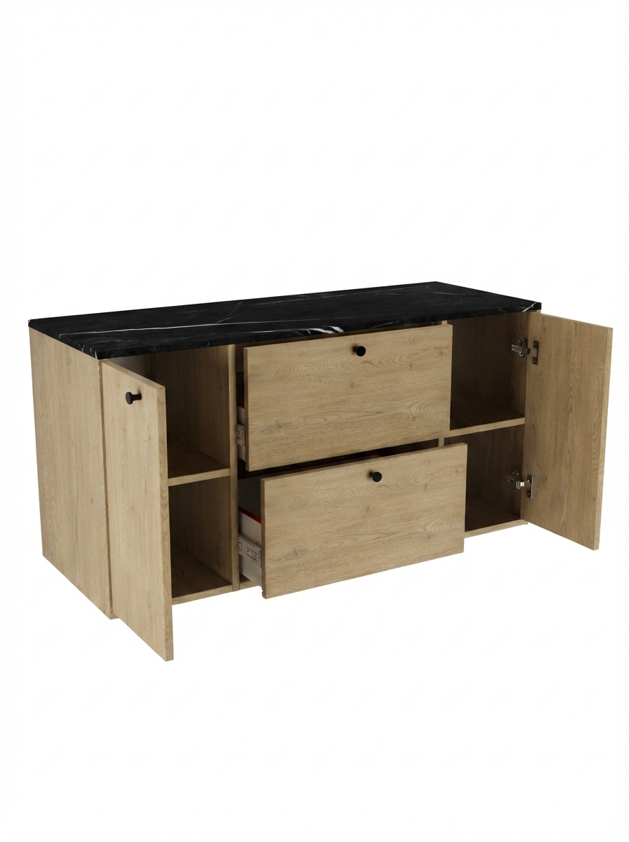 Waschtischunterschrank 120 cm mit 2 Türen und 2 Schubladen Belino - Eiche Cremona/Marmor Schwarz