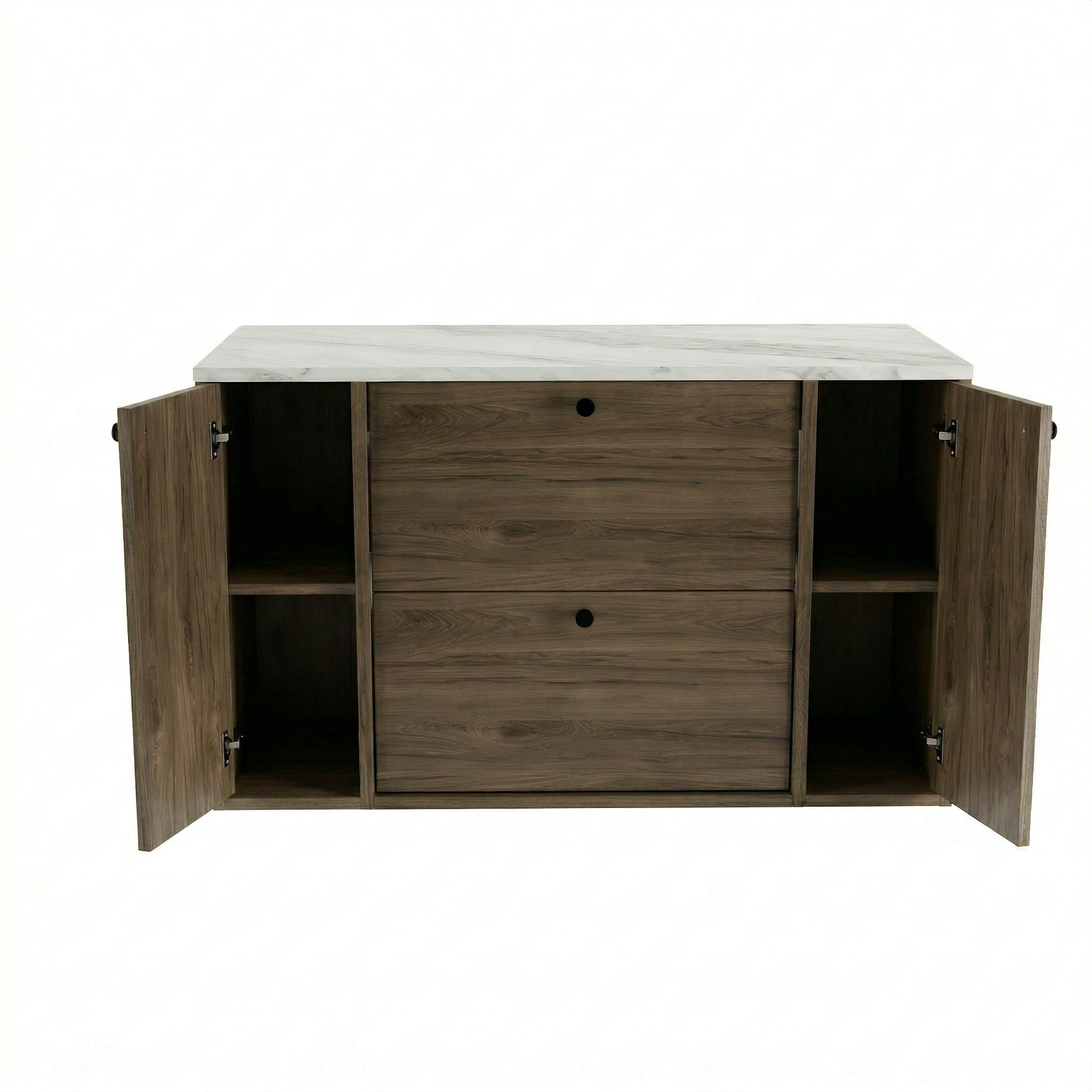 Waschtischunterschrank 100 cm mit 2 Regal, glatte Fronten Belino - Walnuss Dunkel/Marmor Bianco