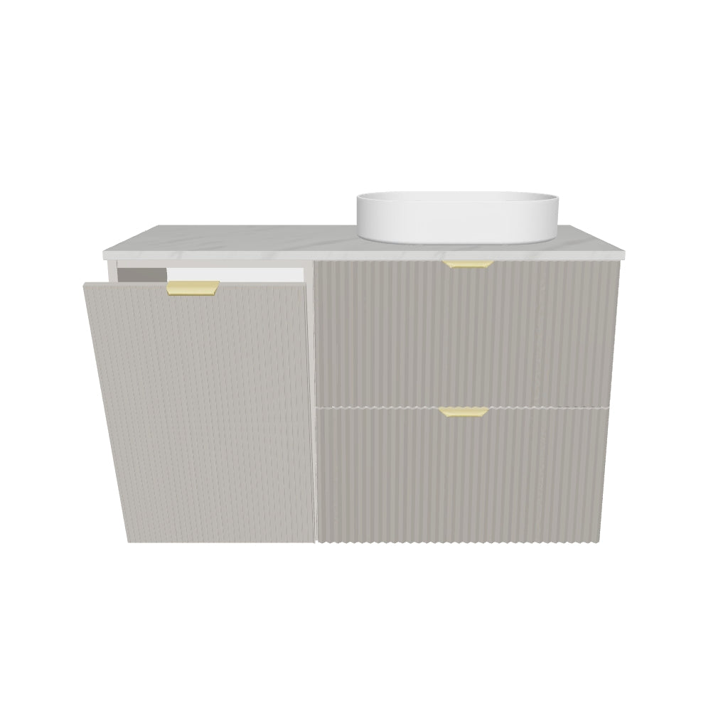 Badmöbel-Set: 100 cm Schrank mit Wäschekorb und Bad Hochschrank Willy - Kaschmir, Marmor-Platte