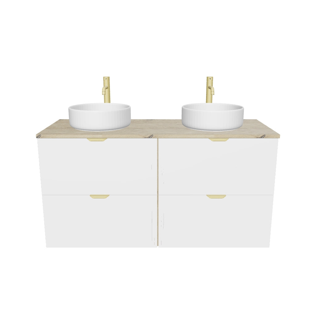 Badmöbel-Set: 120 cm Waschtischunterschrank mit 4 Schubladen und 2 Waschbecken Orio - Weiß/Eiche Artisan