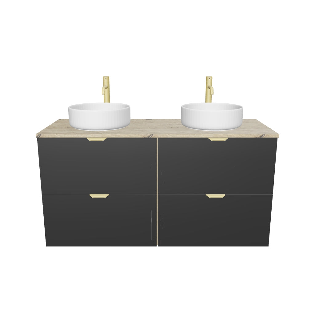 Badmöbel-Set: 120 cm Waschtischunterschrank mit 4 Schubladen und 2 Waschbecken Orio - Schwarz/Eiche Artisan