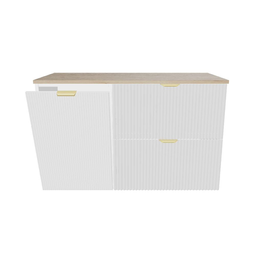 Waschtischunterschrank 100 cm mit Wäschekorb Willy - Weiß, Walnussplatte