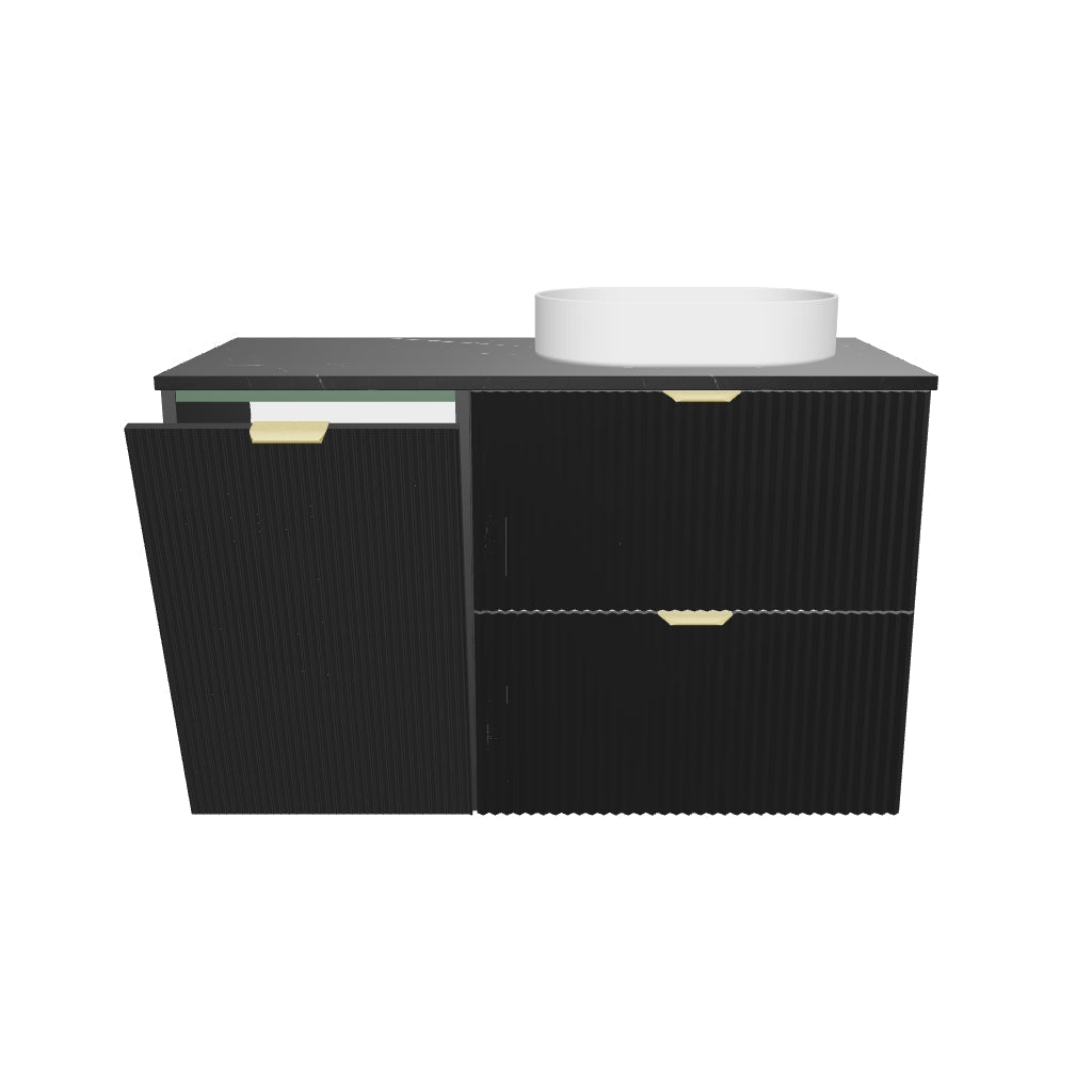 Badmöbel-Set: 100 cm Schrank mit Wäschekorb und Bad Hochschrank Willy - Schwarz, Marmor-Platte