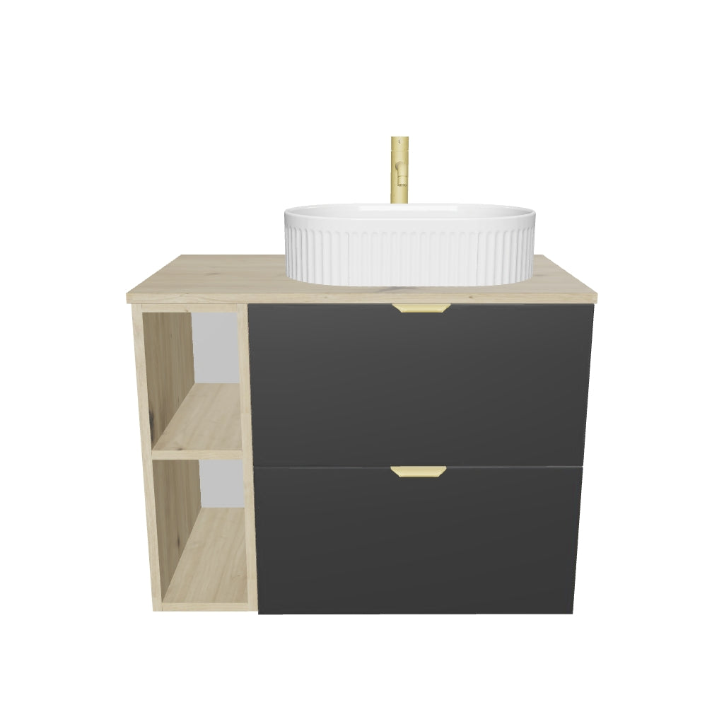 Badmöbel-Set: 80 cm Waschtischunterschrank mit Waschbecken Orio - Schwarz/Eiche artisan
