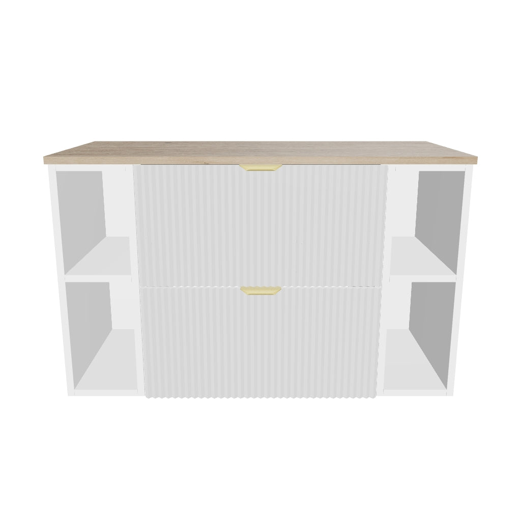Waschtischunterschrank 100 cm mit 2 Regale Willy - Weiß, Walnussplatte