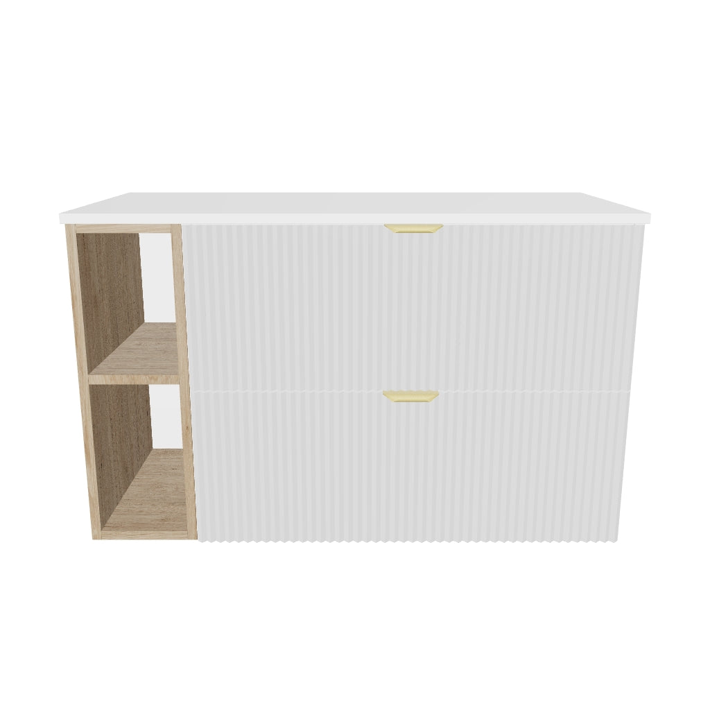 Waschtischunterschrank mit Regal 100 cm Willy - Weiß, Walnuss Regal, Weißplatte
