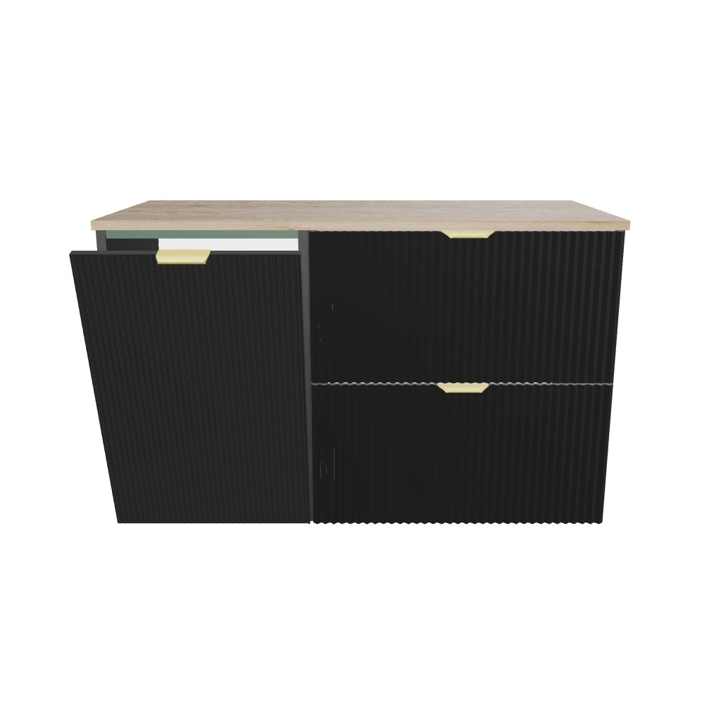 Waschtischunterschrank 100 cm mit Wäschekorb Willy - Schwarz, Walnussplatte