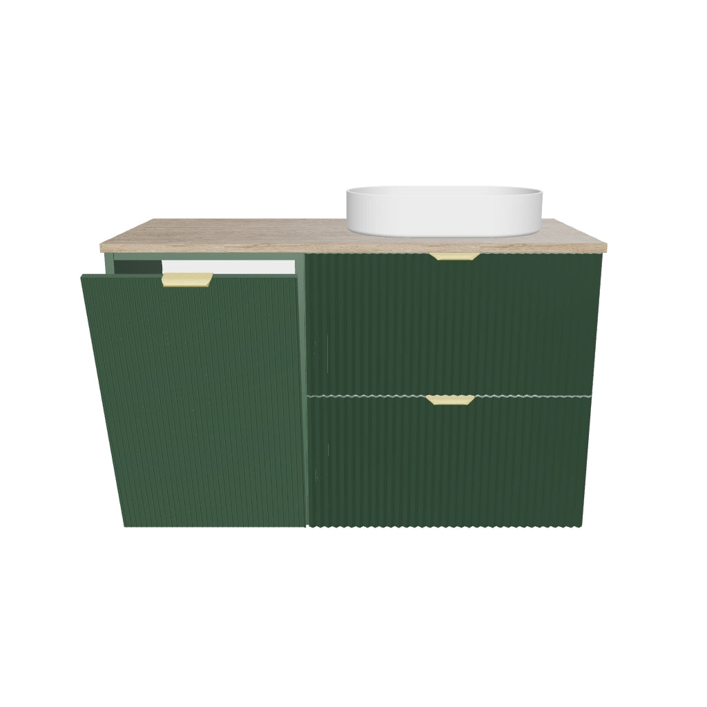 Badmöbel-Set: 100 cm Schrank mit Wäschekorb und Bad Hochschrank Willy - Salbei, Walnussplatte