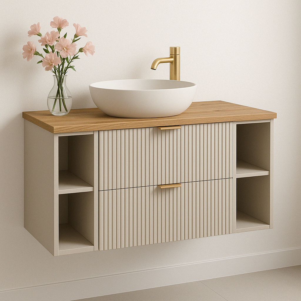 Waschtischunterschrank 100 cm mit 2 Regale Willy - Kaschmir, Walnussplatte