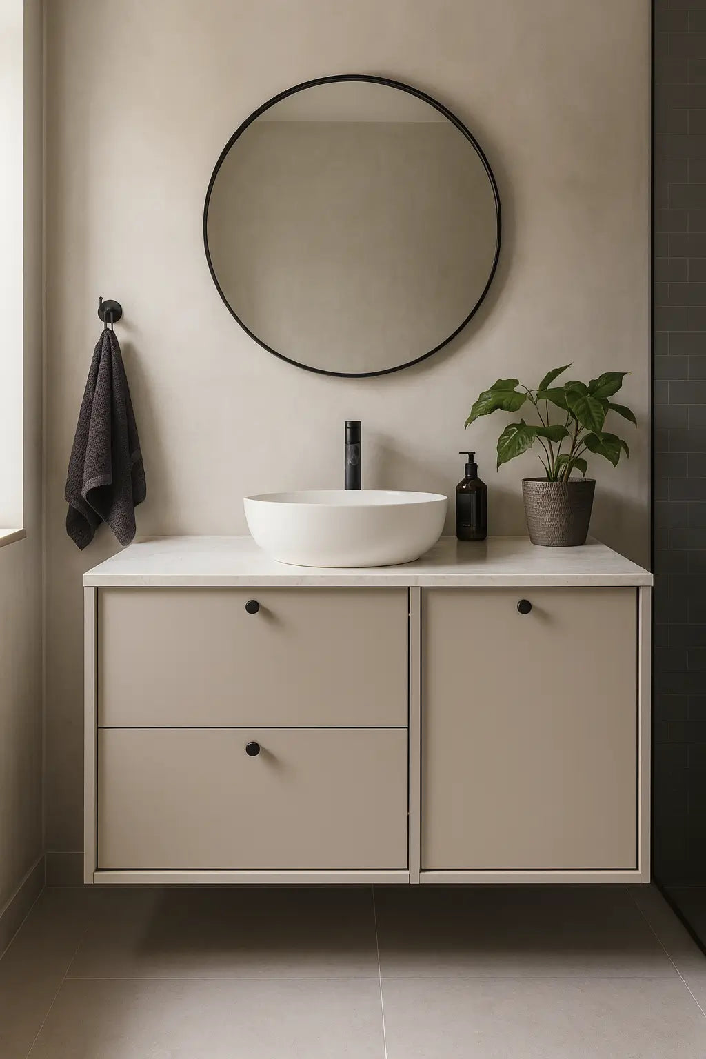 Waschtischunterschrank 100 cm mit Wäschekorb Belino - Kaschmir/Marmor Bianco