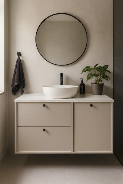 Waschtischunterschrank 100 cm mit Wäschekorb Belino - Kaschmir/Marmor Bianco