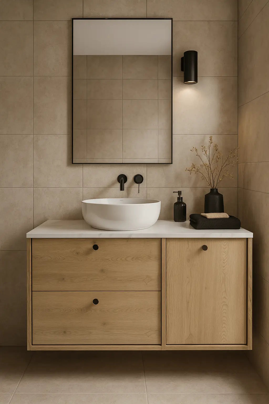 Waschtischunterschrank 100 cm mit Wäschekorb Belino - Eiche Cremona/Marmor Bianco