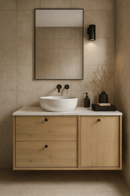 Waschtischunterschrank 100 cm mit Wäschekorb Belino - Eiche Cremona/Marmor Bianco