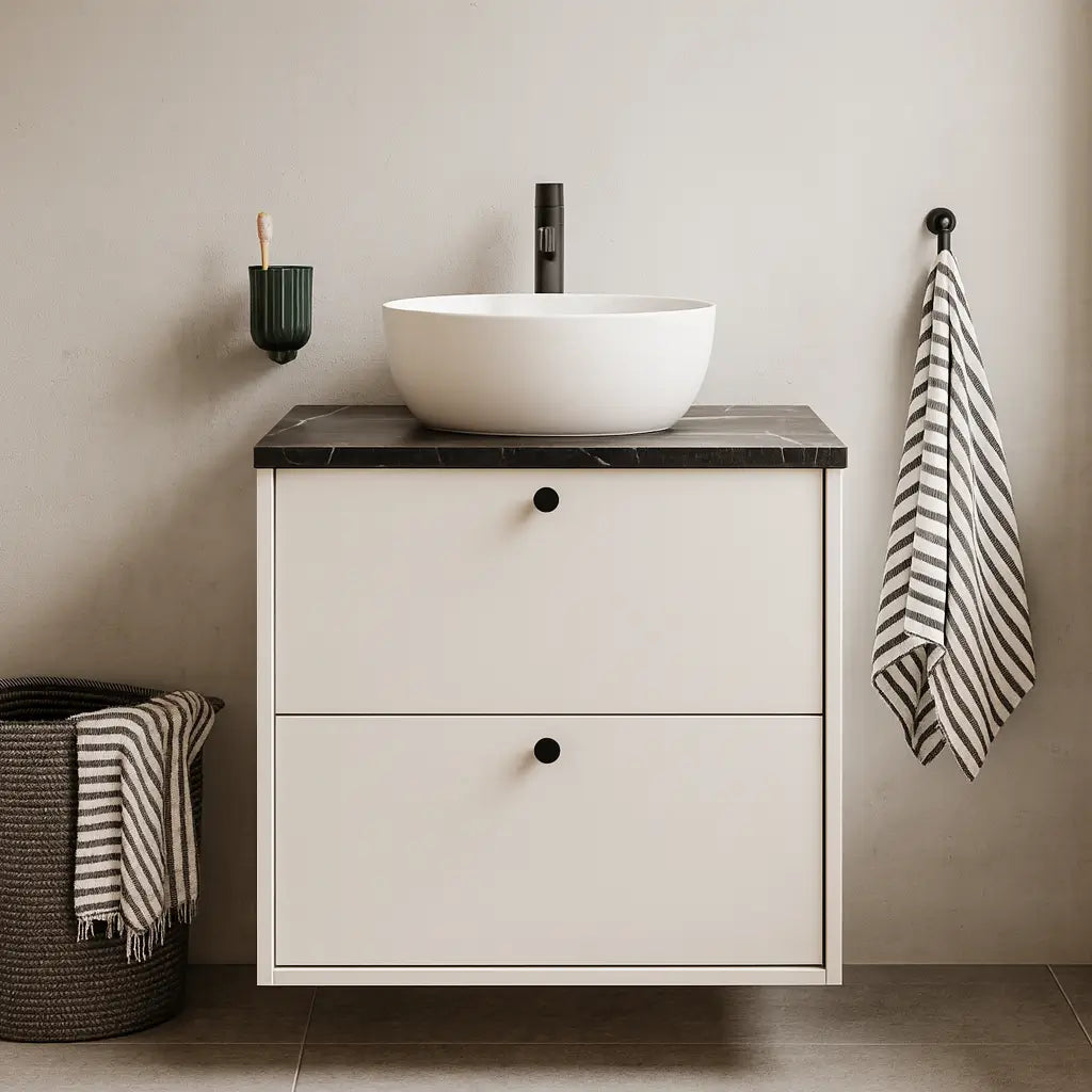 Waschtischunterschrank 60 cm, glatte Fronten Belino - Kaschmir/Marmor Schwarz
