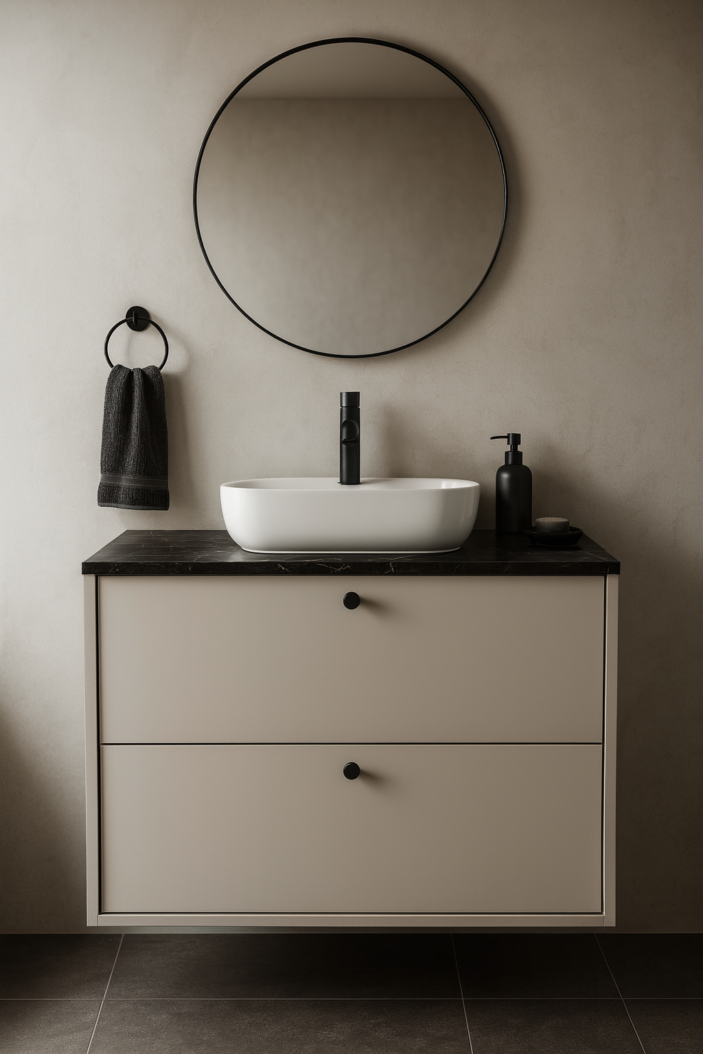 Waschtischunterschrank 80 cm, glatte Fronten Belino - Kaschmir/Marmor Schwarz