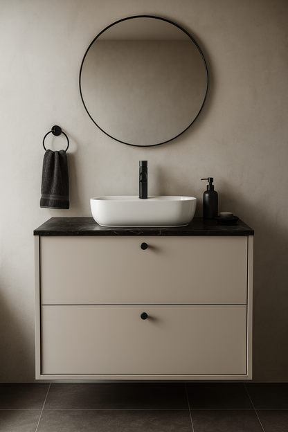 Waschtischunterschrank 80 cm, glatte Fronten Belino - Kaschmir/Marmor Schwarz