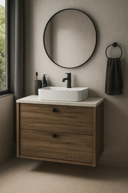 Waschtischunterschrank 80 cm, glatte Fronten Belino - Walnuss Dunkel/Marmor Bianco
