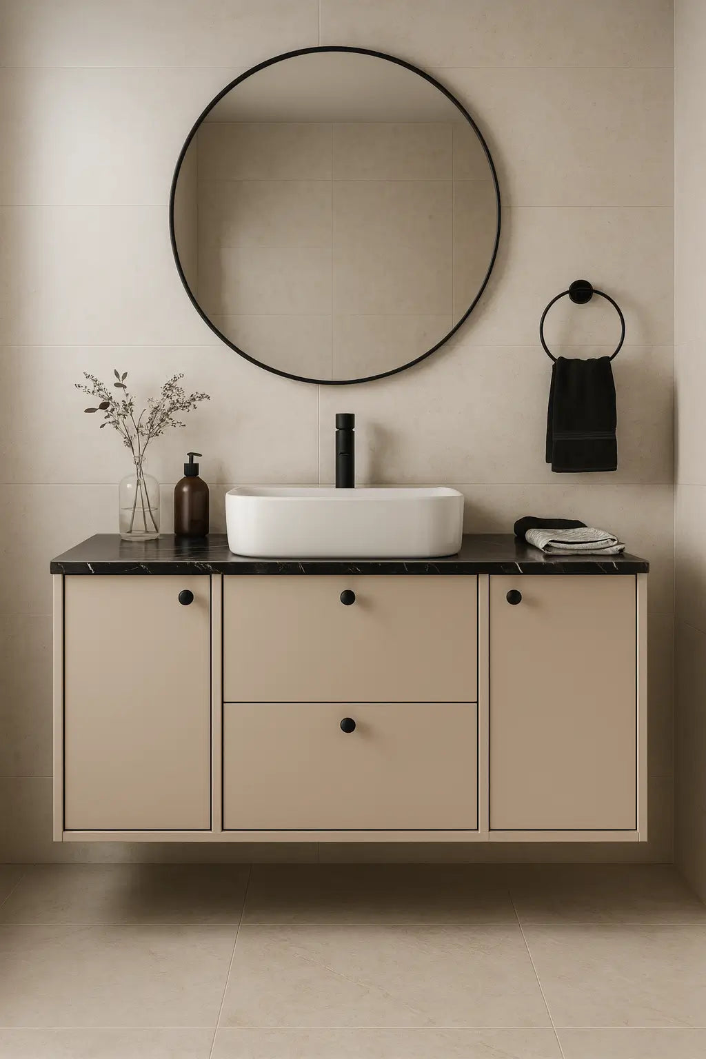 Waschtischunterschrank 120 cm mit 2 Türen und 2 Schubladen Belino - Kaschmir/Marmor Schwarz