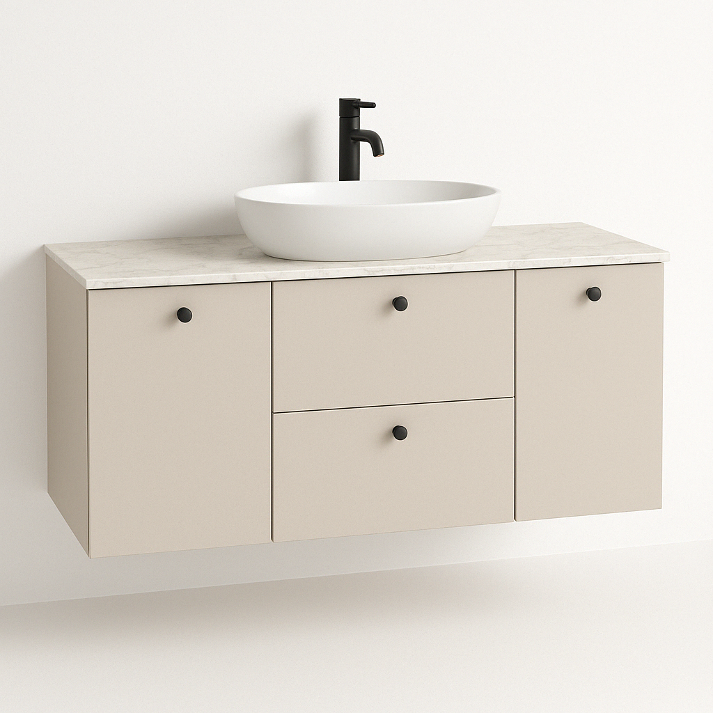 Waschtischunterschrank 140 cm, mit 2 Wäschekörben Beti - Kaschmir/Marmur Bianco