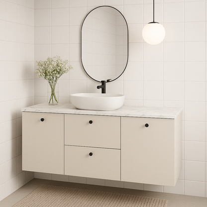 Waschtischunterschrank 140 cm, mit 2 Wäschekörben Beti - Kaschmir/Marmur Bianco