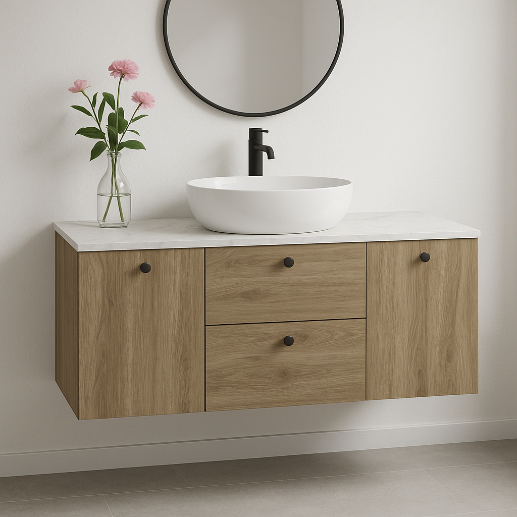 Waschtischunterschrank 140 cm, mit 2 Wäschekörben Beti - Walnuss Dunkel/Marmur Bianco