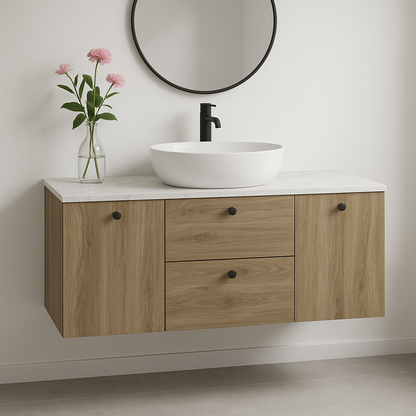 Waschtischunterschrank 140 cm, mit 2 Wäschekörben Beti - Walnuss Dunkel/Marmur Bianco