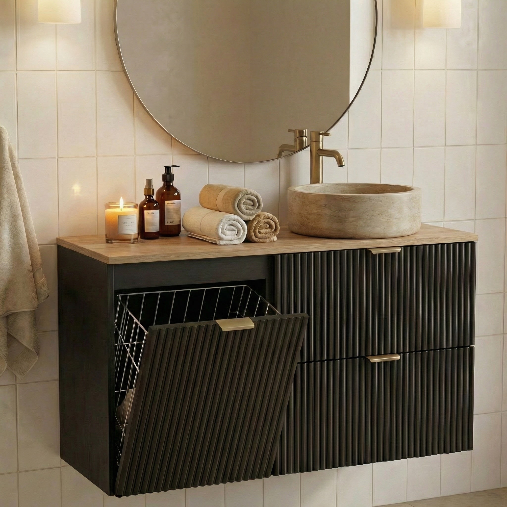 Waschtischunterschrank 100 cm mit Wäschekorb Willy - Schwarz, Walnussplatte