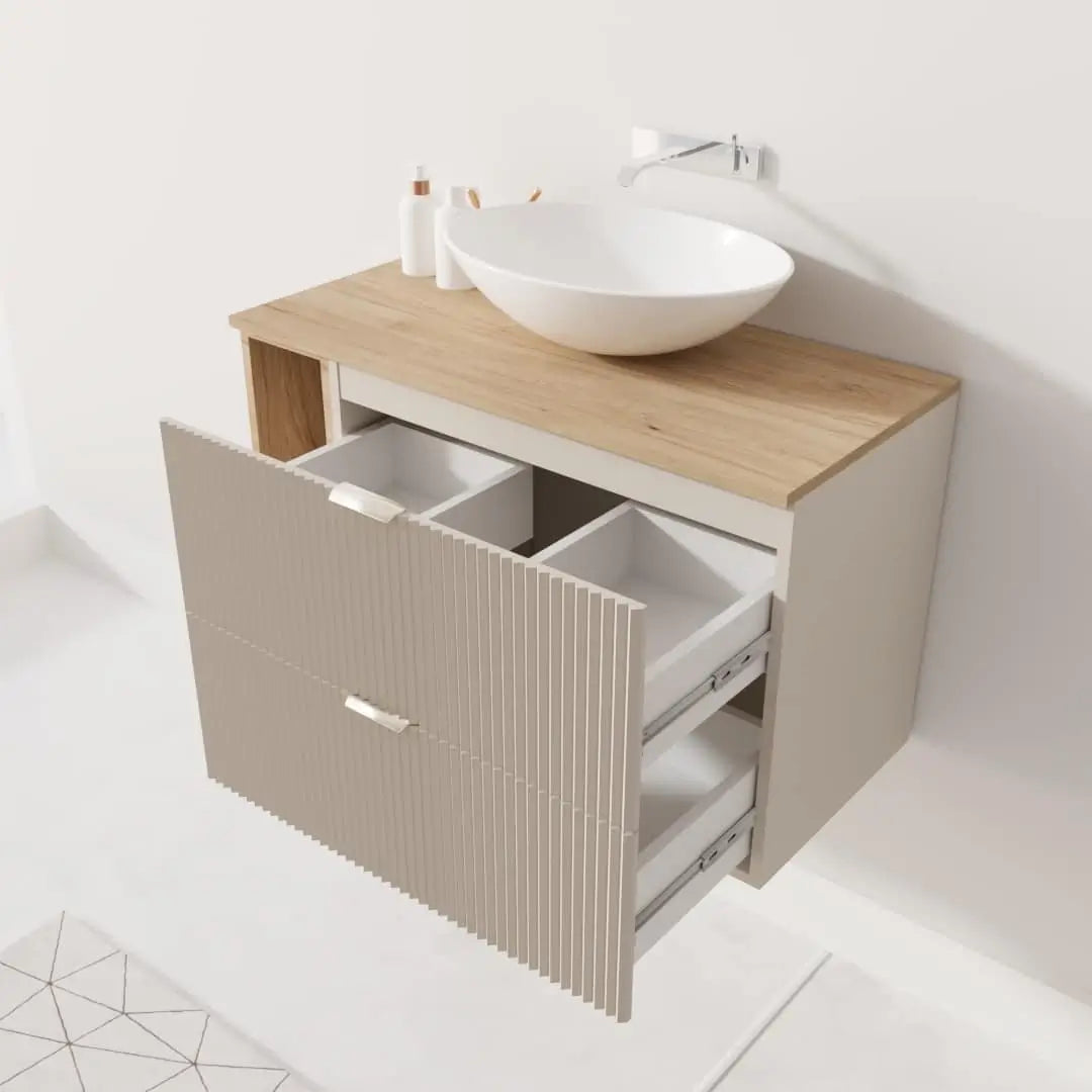 Waschtischunterschrank mit Regal 100 cm Willy - Kaschmir, Regal und Walnussplatte