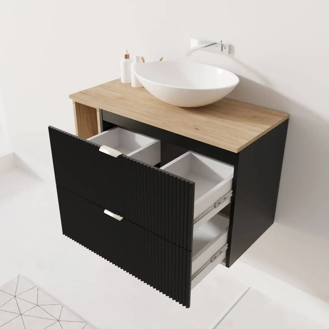 Waschtischunterschrank mit Regal 100 cm Willy - Schwarz, Regal und Walnussplatte