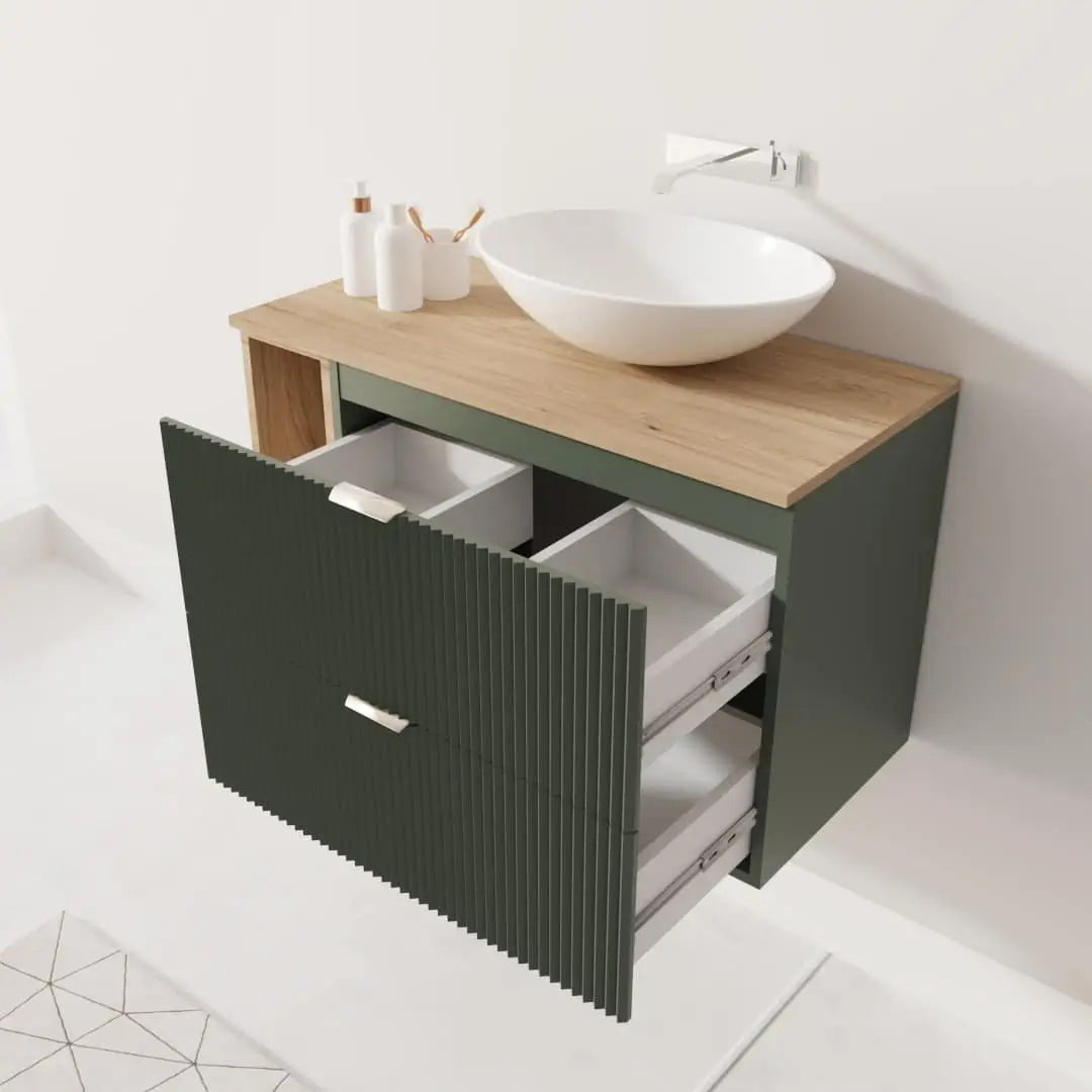 Waschtischunterschrank mit Regal 100 cm Willy - Salbei, Walnuss Regal, Walnussplatte