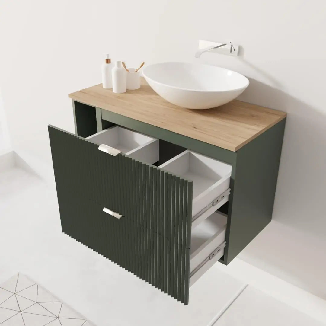 Waschtischunterschrank mit Regal 100 cm Willy - Salbei, Walnussplatte