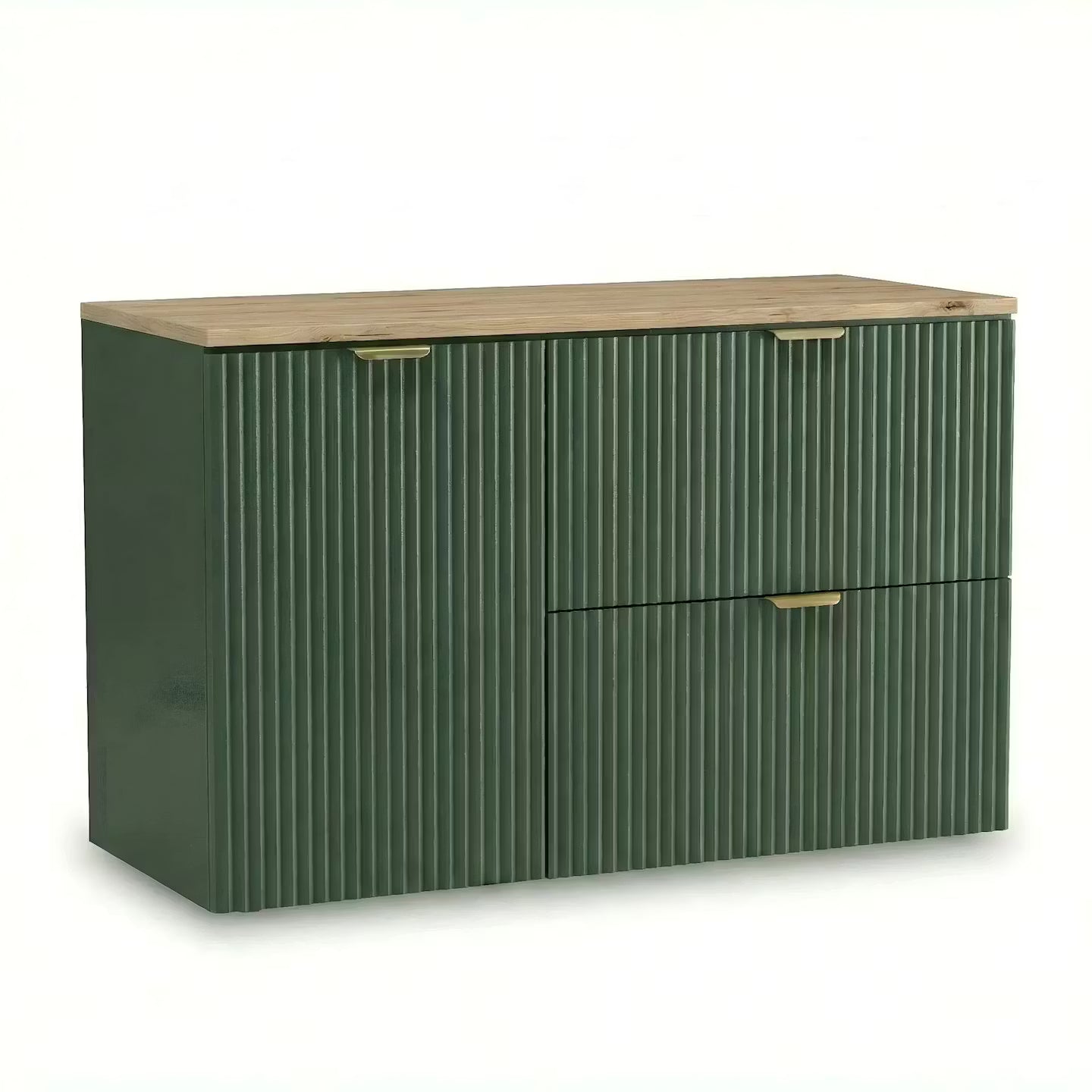 Waschtischunterschrank 100 cm mit Wäschekorb Willy - Salbei, Walnussplatte